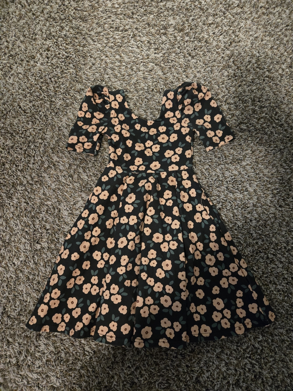 Kids Black Twirl Dress with Peach Floral Print and Puff Sleeves